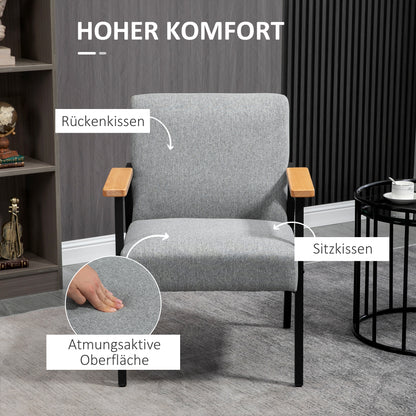 HOMCOM Akzentsessel im Skandidesign, Ruhesessel ,Akzentstuhl, Leinenoptik, Kautschukholz, Grau + Schwarz + Braun