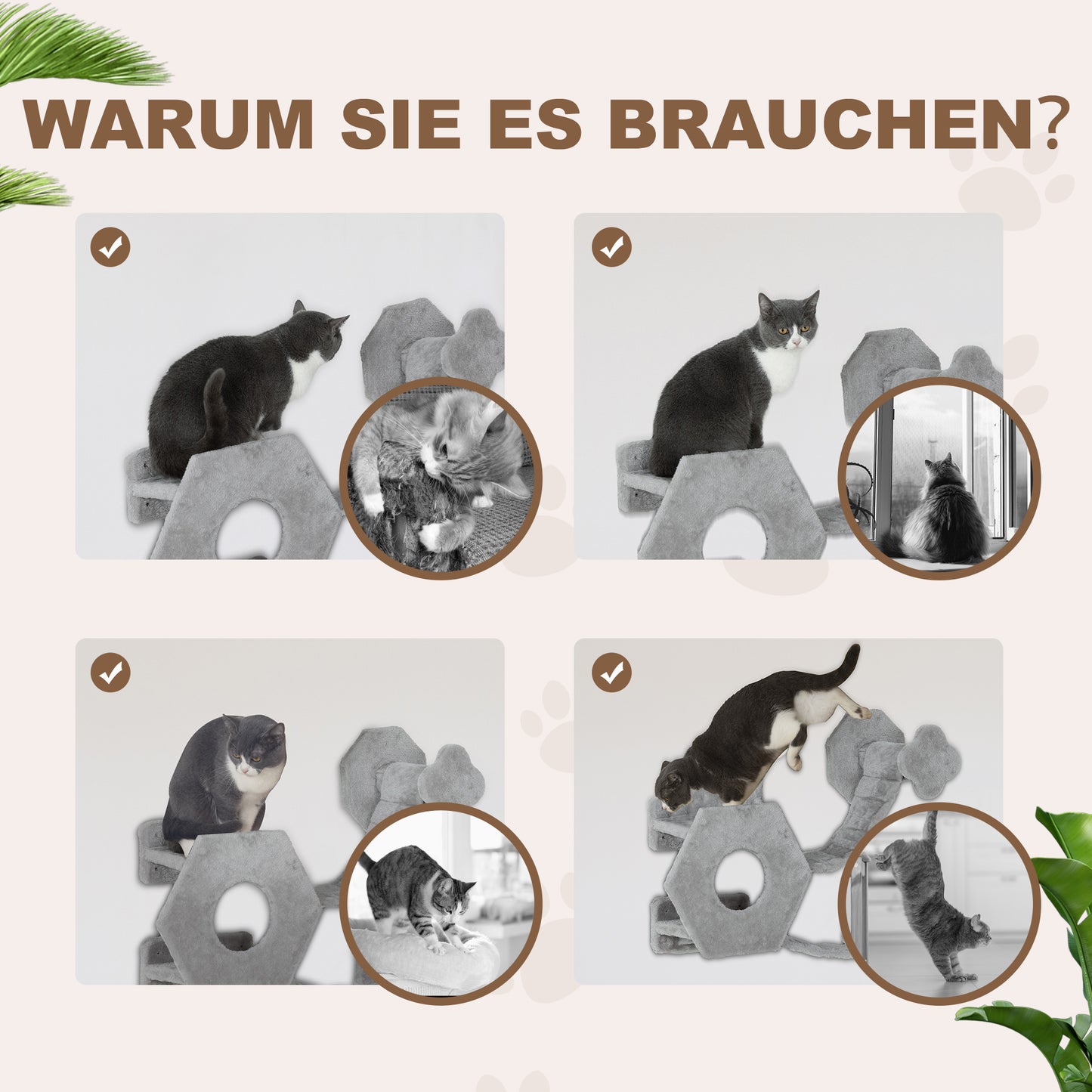 PawHut Katzen Kletterwand, inkl. Katzenhaus, Leitern, Spielball, platzsparend, Hellgrau