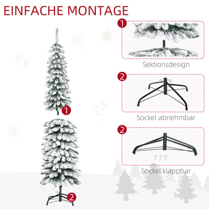 HOMCOM Künstlicher Weihnachtsbaum, schneebedeckt, schmales Design, feuerfest, 180 cm, Grün/Weiß