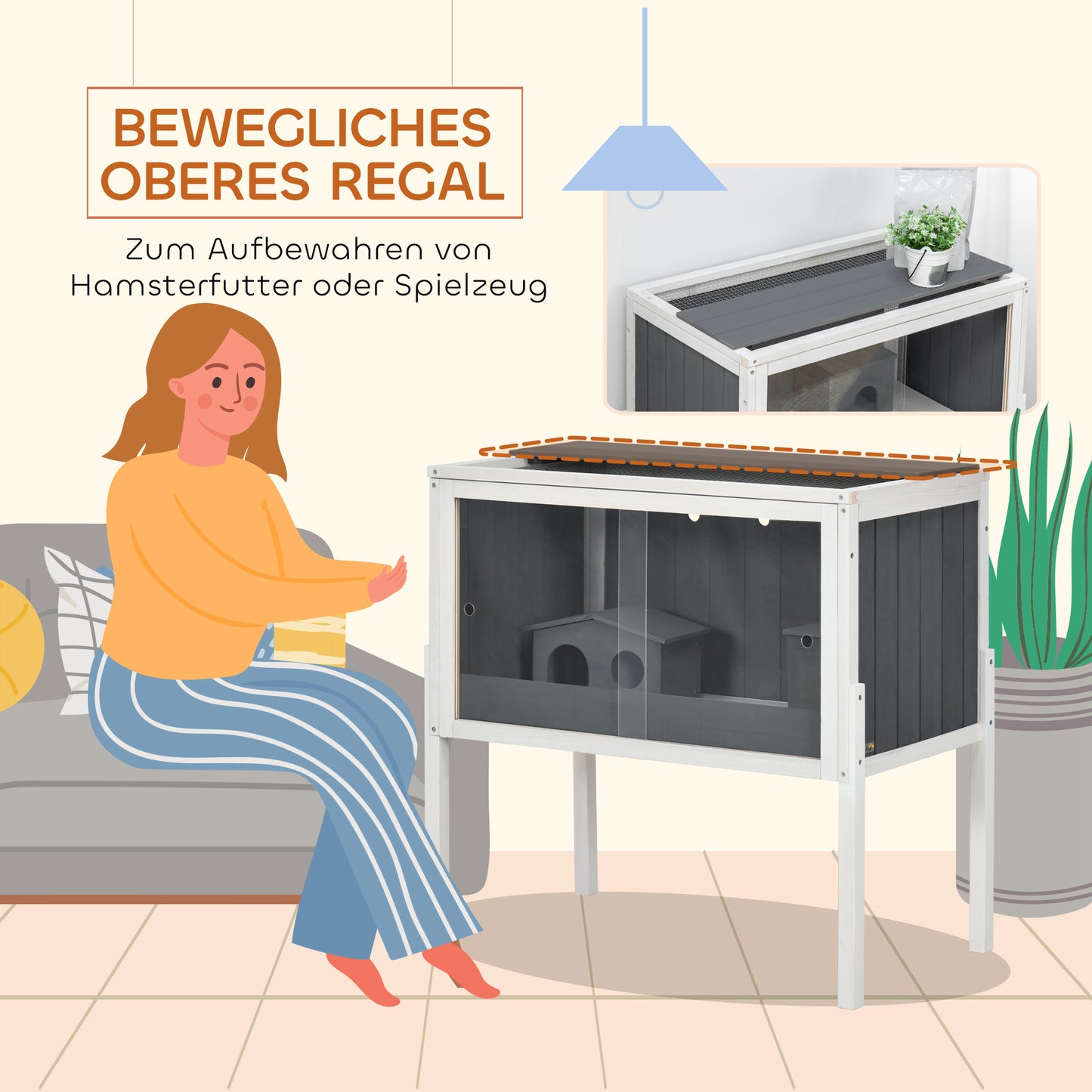 PawHut Hamsterkäfig, 3000 cm² Zwerghamsterkäfig aus Holz und Metall, mit 2 Hütten, Acrylschiebetüren, stabil, sicher, Grau+Weiß