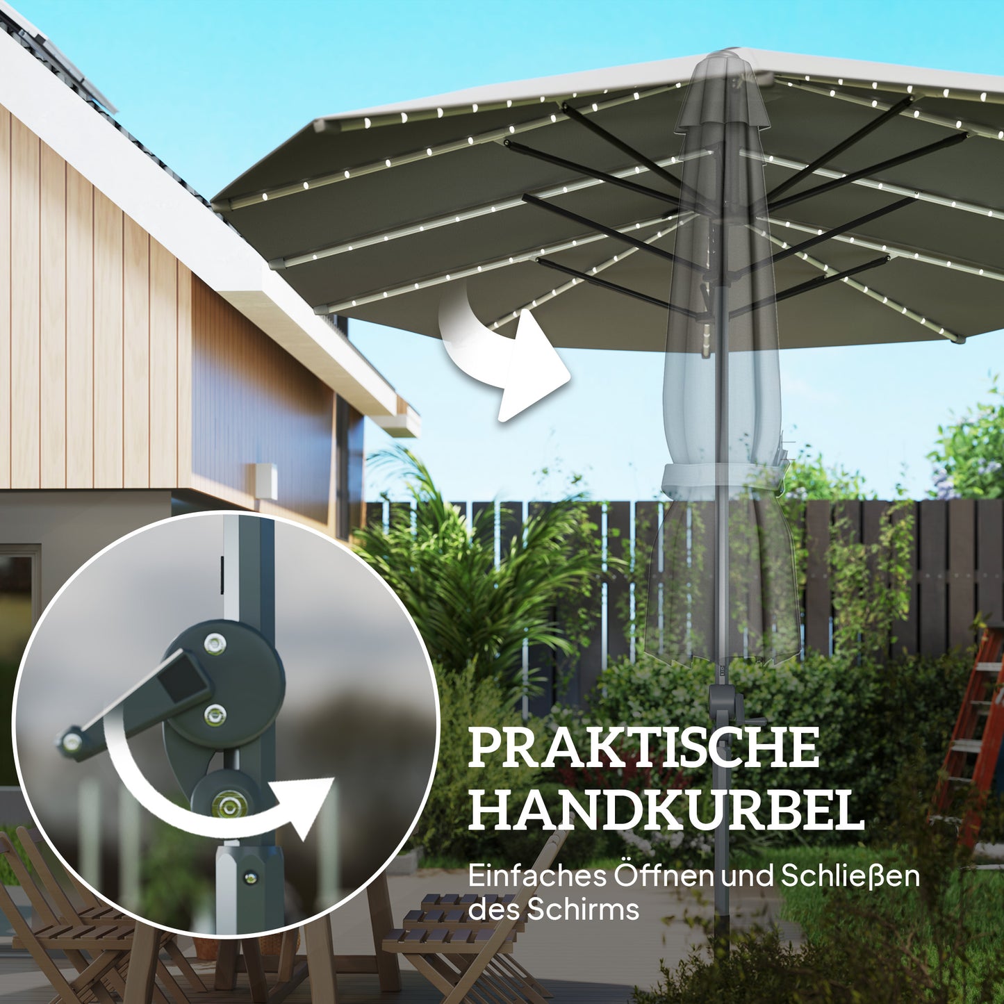 Outsunny Doppelschirm mit Solar-Lichtern, Aluminium, Polyester, UPF50+ Schutz, UV-beständig, Terrassenschirm, Dunkelgrau