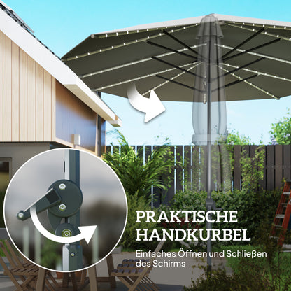 Outsunny Doppelschirm mit Solar-Lichtern, Aluminium, Polyester, UPF50+ Schutz, UV-beständig, Terrassenschirm, Dunkelgrau