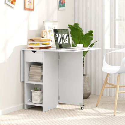 HOMCOM Klappbarer Esstisch für 2-4 Personen, faltbarer Küchentisch mit Stauraum, Ausziehbarer Tisch auf Rädern, Weiß