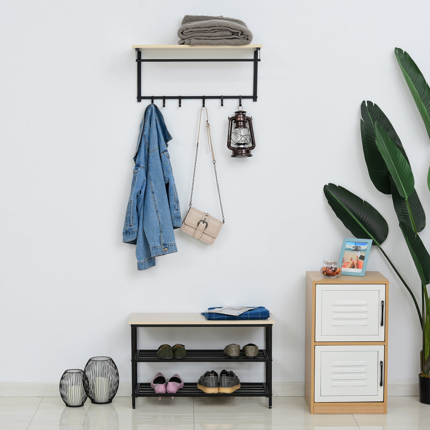 HOMCOM 2-in-1 Garderobenset Flurgaderobe mit Sitzbank Wandgarderobe für Eingangsbereich, 6 Haken, Natur+Schwarz, 75 x 30 x 45 cm(Sitzbank)