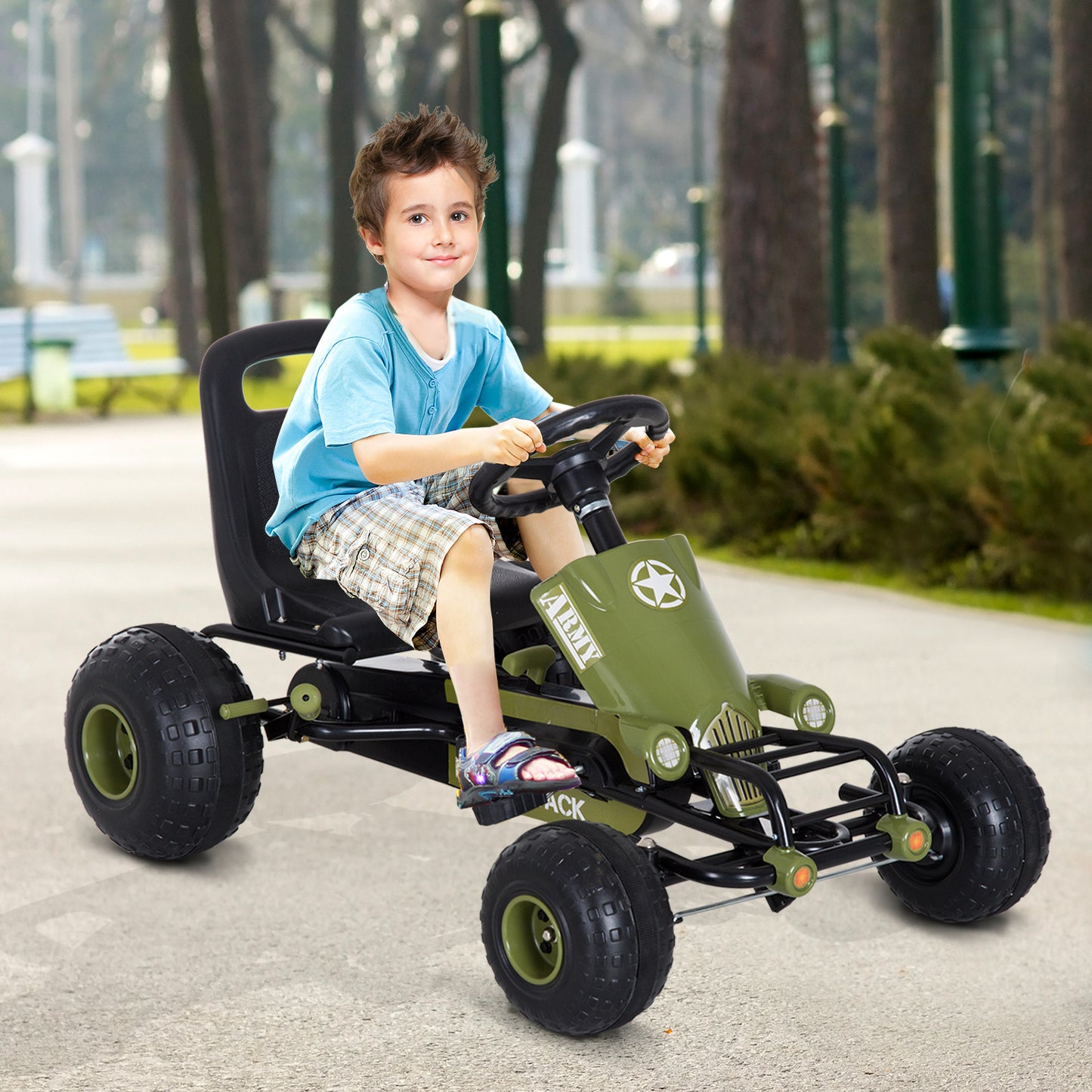HOMCOM Go Kart Tretauto Tretfahrzeug mit Handbremse, Vor- und Rückwärtsgang, Kinderfahrzeug Kettcar Tretfahrzeug mit Verstellbarem Sitz für Kinder 3-6 Jahren, 99 x 65 x 56cm Grün