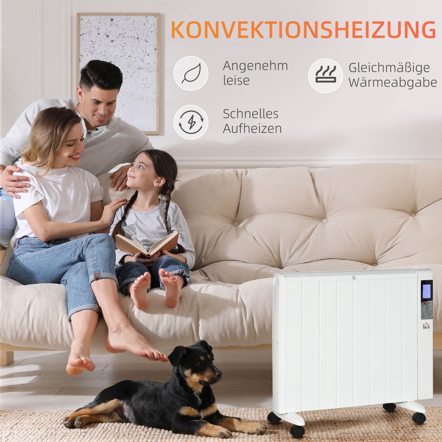 HOMCOM Elektroheizung mit Rollen, 9 vorinstallierte Modi, Wandmontage möglich, 5-35° C, weiß, 75 x 7,5 x 58,5 cm