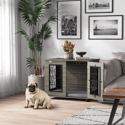 PawHut Hundebox mit Liegekissen, bis 20kg/50cm Körperlänge, Metall, 80x56x63cm, Grau/Holzdekor