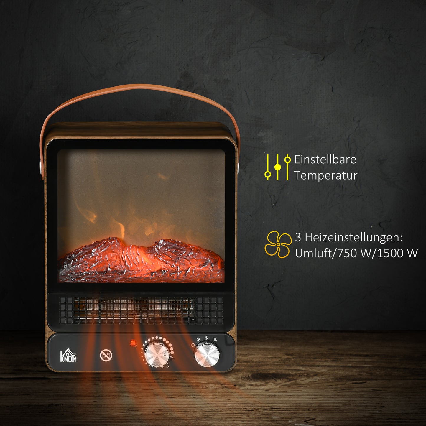 HOMCOM Elektrokamin, realistisches Feuer, 2 Heizmodi bis 50° C, Überhitzungsschutz, Walnussoptik, 30,3 x 17,5 x 37,4cm