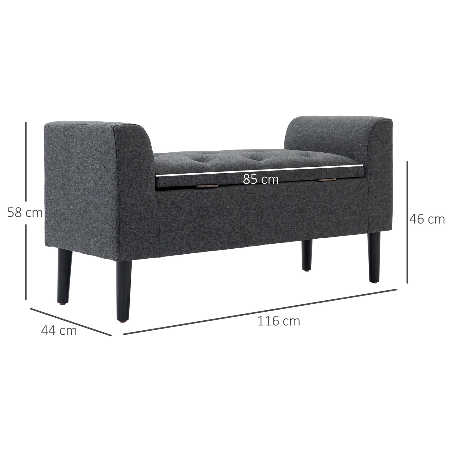 HOMCOM Sitzbank mit Stauraum, Polsterbank mit Leinenoptik, Holzbeine, Bettbank belastbar bis 130 kg, für Wohnzimmer Schlafzimmer Flur, 116 x 44 x 58 cm Dunkelgrau