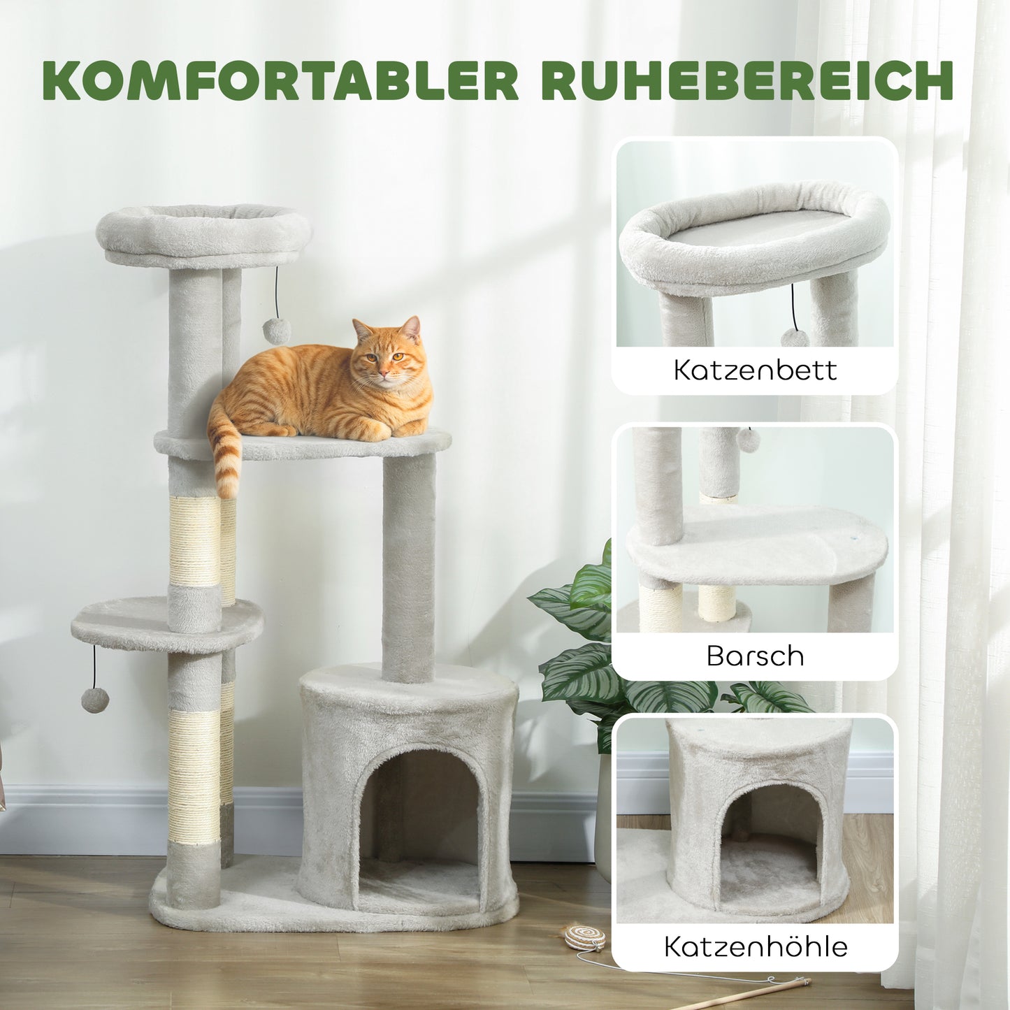PawHut Kratzbaum 114 cm Katzenturm mit Höhle, Sisalstämme, Plattform, mehrstöckig ür mittelgroße Katzen unter 6 kg, Hellgrau