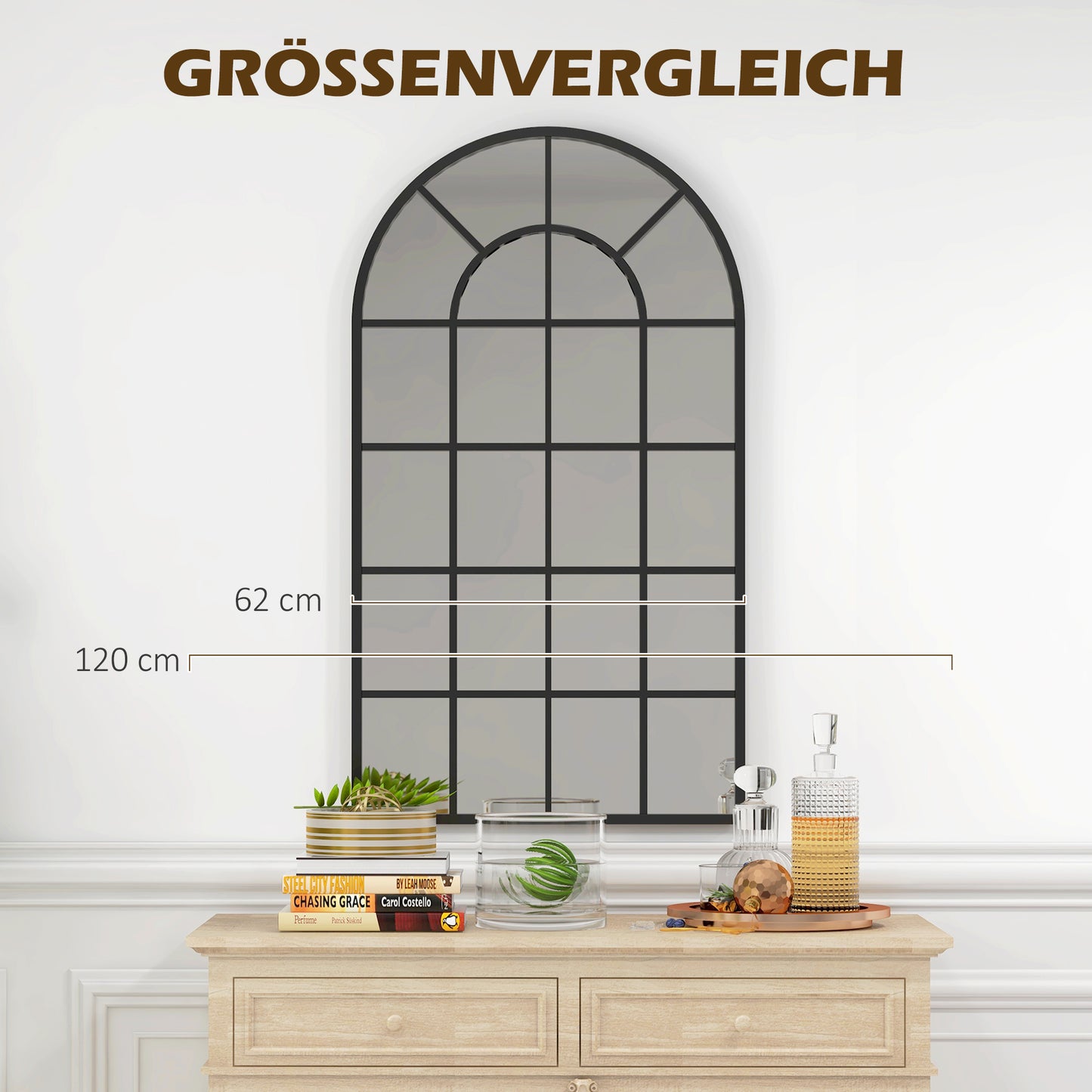 HOMCOM Dekospiegel großer Spiegel, Fensteroptik, Bogenförmig, inkl. Aufhängung. Schwarz + Spiegelglas