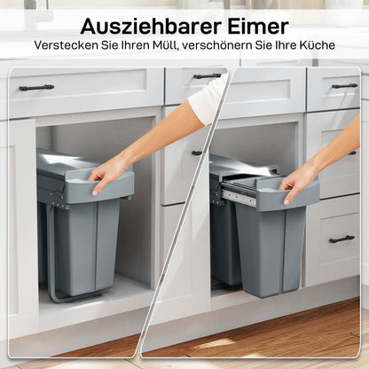 HOMCOM Ausziehbarer Mülleimer, Küchenmüllbehälter mit 2 herausnehmbaren Eimern, Griff, 30 Liter (20 L+10 L), Metall, Grau