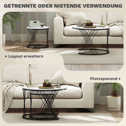 HOMCOM Couchtische im 2er-Set, Marmoroptik, Spanplatte, Metall, runde Kaffeetische für Wohnzimmer, ineinanderstellbar, Weiß
