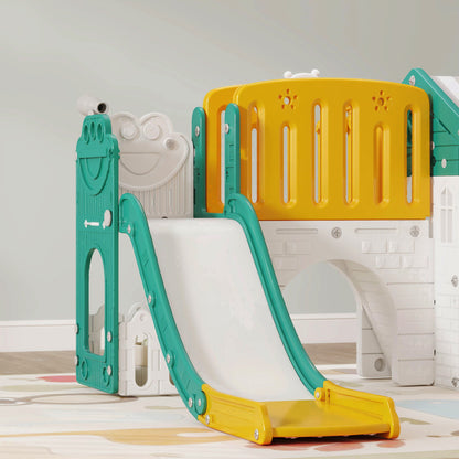 AIYAPLAY 7-in-1 Kinderrutsche, Indoor-Spielplatz, Klettergerüst, Haus, Tafel, Basketballkorb, 1-4 Jahre, Kunststoff, Gelb+Grün