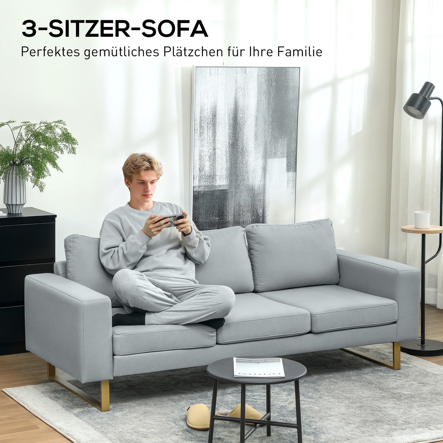 HOMCOM 3-Sitzer-Sofa, Couch mit Vollholzrahmen, Metallbeine, schlichtes Design, Hellgrau
