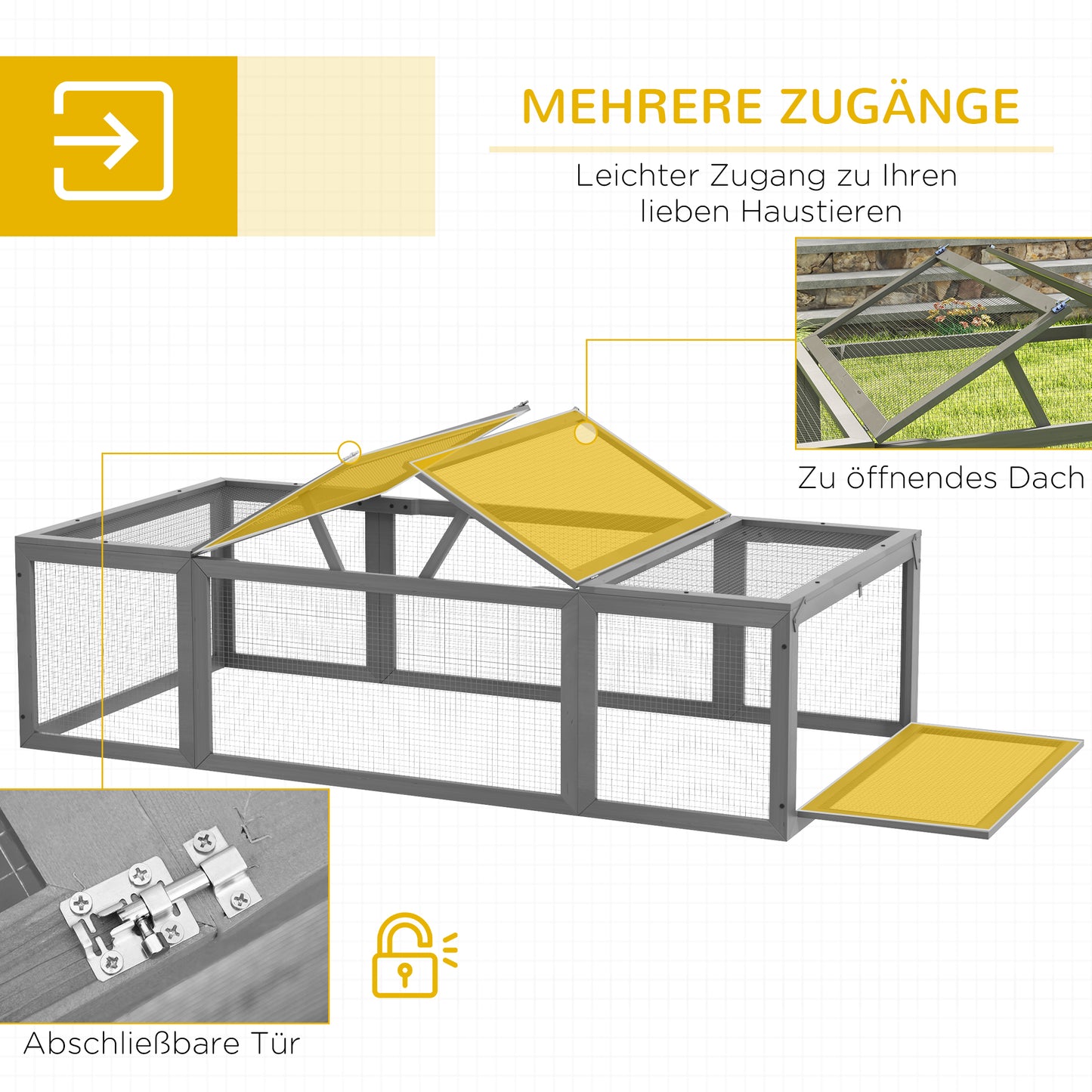 Pawhut Freilaufgehege für Kleintiere Aufklappbares Dach Tannenholz Grau
