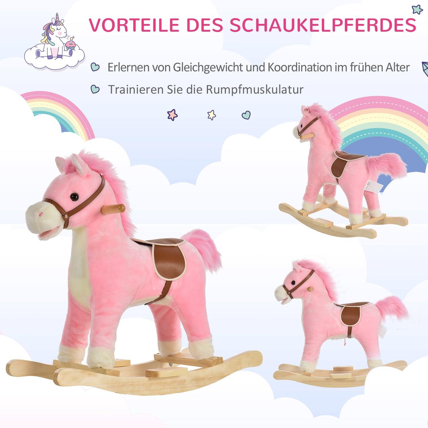 HOMCOM Kinder Schaukelpferd Baby Schaukeltier Pferd mit Tiergeräusche Spielzeug Haltegriffe für 36-72 Monate Plüsch Rosa 65 x 32,5 x 61 cm