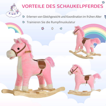 HOMCOM Kinder Schaukelpferd Baby Schaukeltier Pferd mit Tiergeräusche Spielzeug Haltegriffe für 36-72 Monate Plüsch Rosa 65 x 32,5 x 61 cm