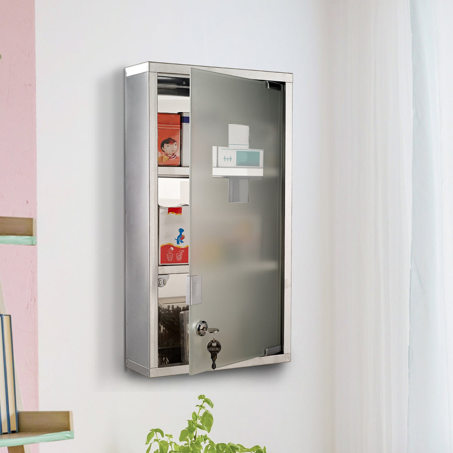 HOMCOM Medizinschrank aus Edelstahl Arzneischrank zur Medikamenten-Aufbewahrung, Abschließbar Medikamentenschrank mit 3 Fächer, Glastür 25 x 12 x 48 cm, Silber