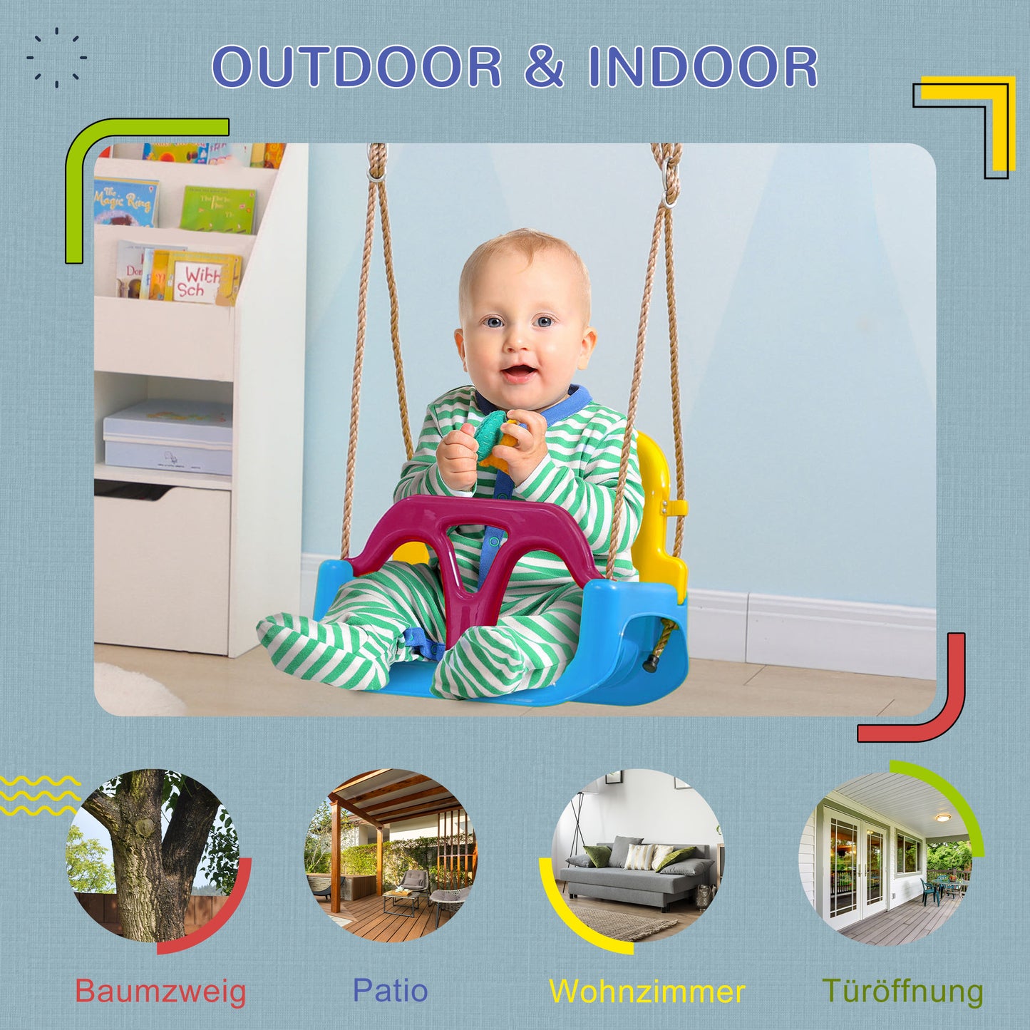 Outsunny 3-in-1 Kinderschaukel, höhenverstellbar, abnehmbare Rücklehne, für In- und Outdoor, blau+gelb, 42 x 33 x 180 cm
