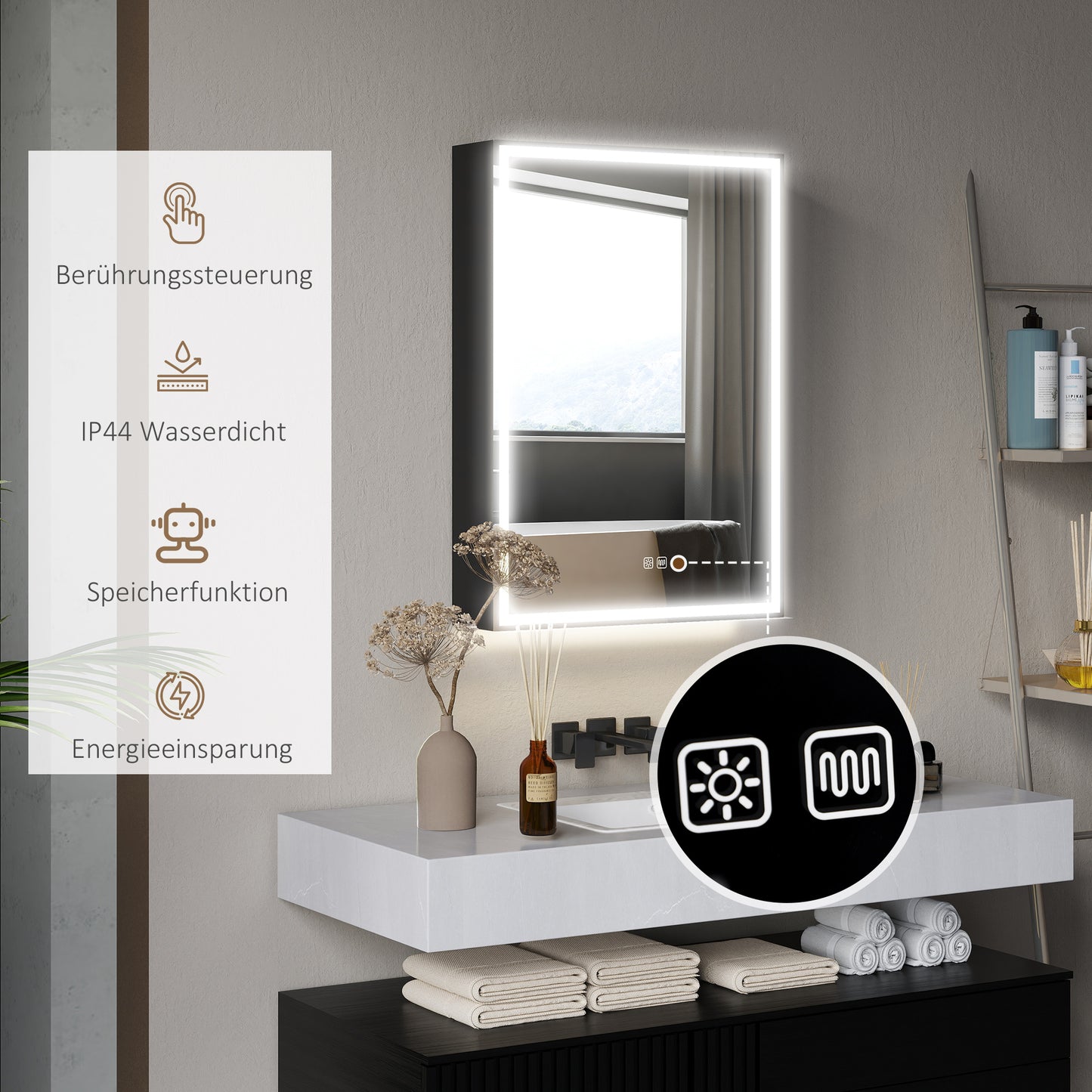 HOMCOM Spiegelschrank, Badschrank mit LED, 50 x 70 cm, dimmbar, Anti-Beschlag, Schwarz