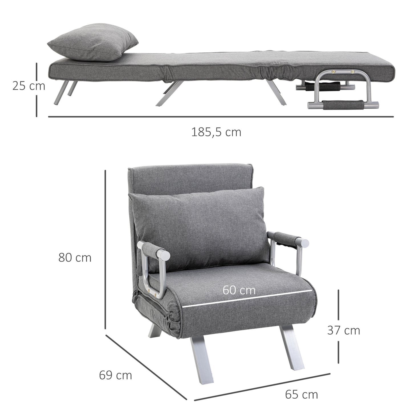 HOMCOM 3 in 1 Schlafsessel Klappbar Schlafsofa mit Bettfunktion Verstellbarer Rückenlehne Kissen Gästebett in Leinenoptik, Relaxsessel Klappsessel für Wohnzimmer Schlafzimmer 65 x 69 x 80 cm Hellgrau