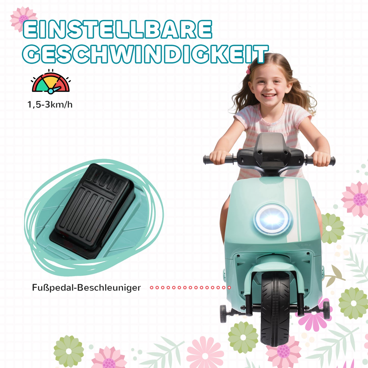 AIYAPLAY 6V Elektro-Motorrad für Kinder, mit Scheinwerfer und Musik, Vor- und Rückwärtsgang, Trainingsräder, 18-36 Monate, Grün