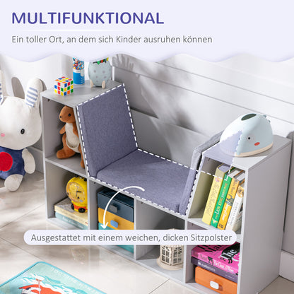 HOMCOM 2-in-1 Kinderregal Regal + Sitzbank inkl. Polster 103 cm × 30 cm × 62 cm Weiß + Grau