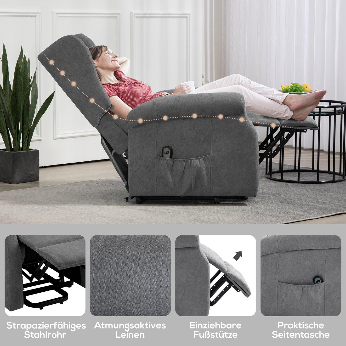 HOMCOM Relaxsessel, Aufstehhilfe, Liegefunktion, bis 200kg, 72,5x94x109cm, Dunkelgrau