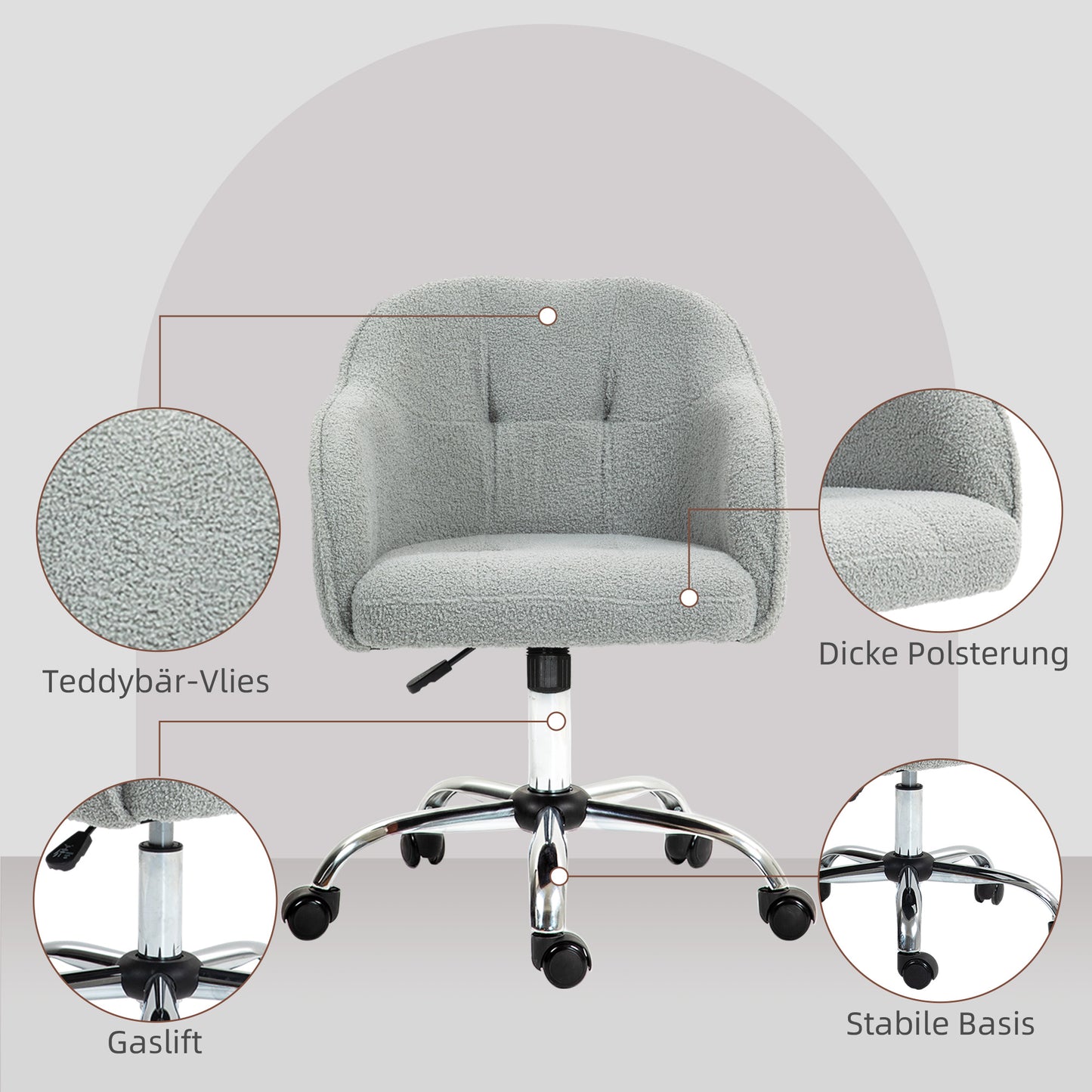 HOMCOM Homeoffice Stuhl, Ergonomisch Schreibtischstuhl mit Wippfunktion, Teddysamtoptik 56 x 61 x 86 cm Grau