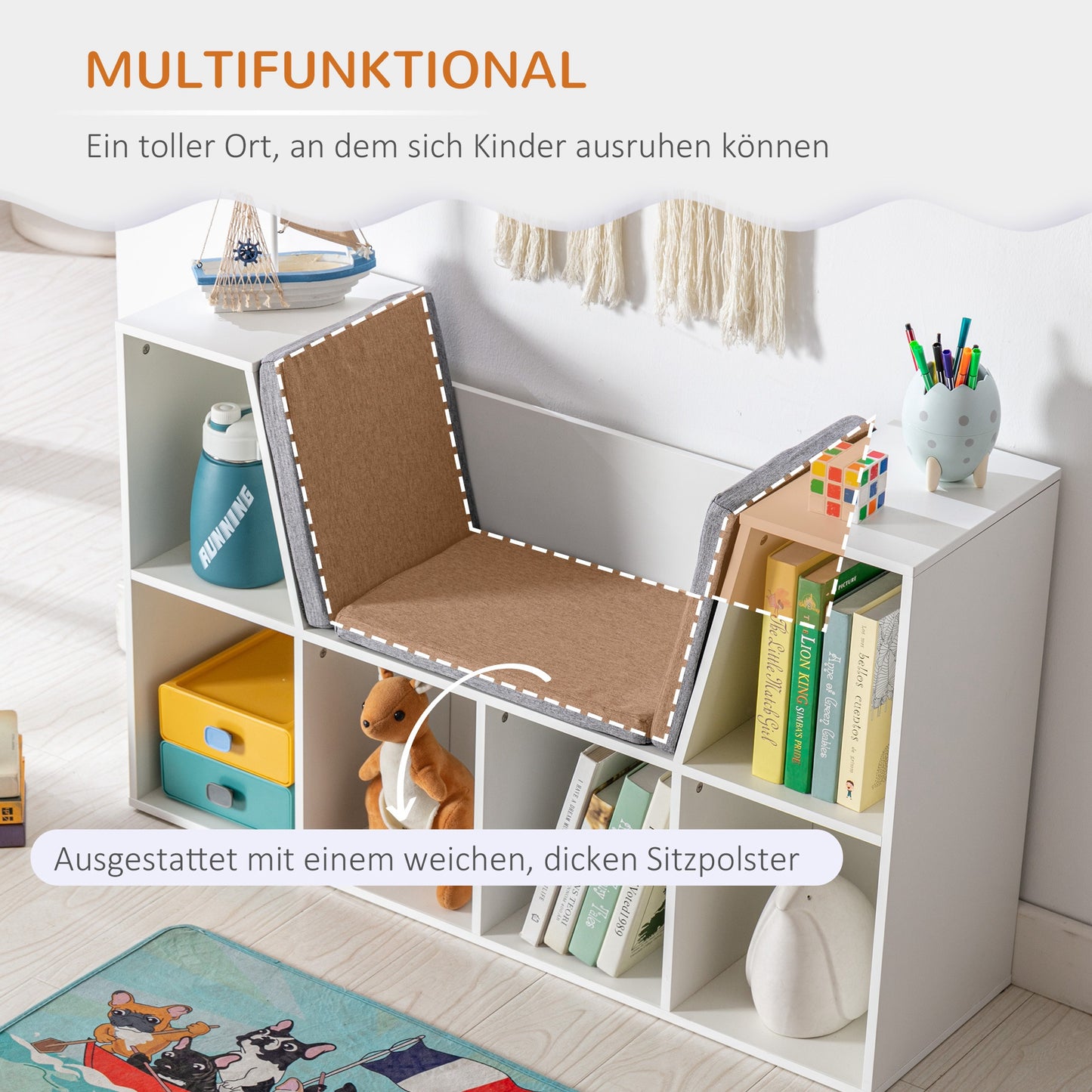 HOMCOM 2-in-1 Kinderregal Regal + Sitzbank inkl. Polster 103 cm × 30 cm × 62 cm Weiß + Grau