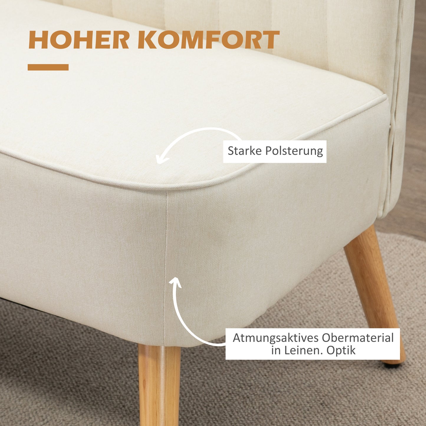 HOMCOM 2-Sitzer Sofa, weiche Polsterung, pflegeleichter Bezug, bis 150 kg, 117 x 56,5 x 77 cm, Cremeweiß