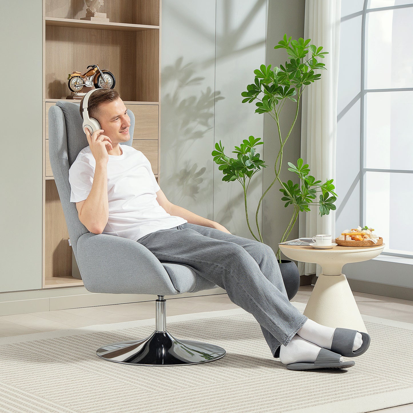 HOMCOM Drehbarer Polsterstuhl mit Fußhocker, zurücklehnbar, Polstersessel mit Armlehnen, für Wohnzimmer, Schlafzimmer, Grau