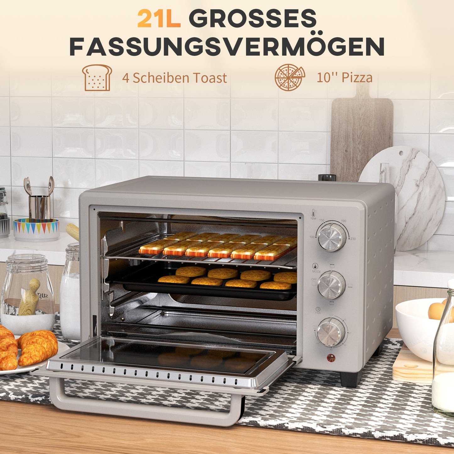 HOMCOM Minibackofen, 21 L Toasterofen mit 1 Drahtgestell und 1 Backblech, 3 Kochmodi, 100 °C-230 °C, Edelstahl, Glas, Silber