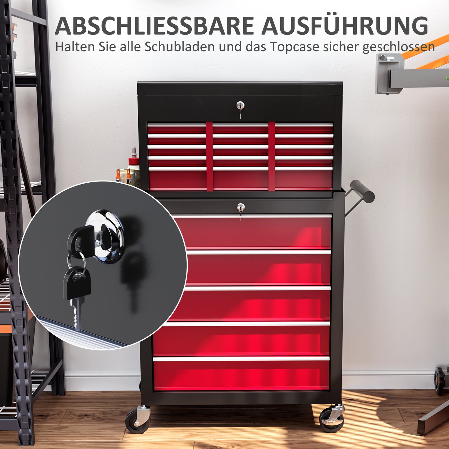 HOMCOM Werkzeugwagen, zweiteilig, abschließbar, 14 Schubladen, Lochwand, Stahl, Rot
