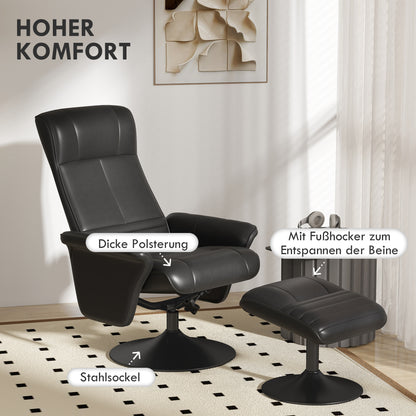 HOMCOM Polstersessel, Akzentsessel mit Hocker, drehbar, ergonomisch, Mikrofasertuchoptik, bis 150 kg, Schwarz