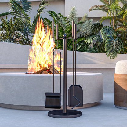 Outsunny Kaminbesteck, 5-teilig, Besen, Schaufel, Zange, Schürhaken und Ständer, feuerfestes Metall, Schwarz