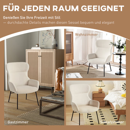 HOMCOM Moderner Polsterstuhl im Ohrenbacken-Stil, hohe Rückenlehne, dicke Polsterung, Stahlbeine, Cremeweiß