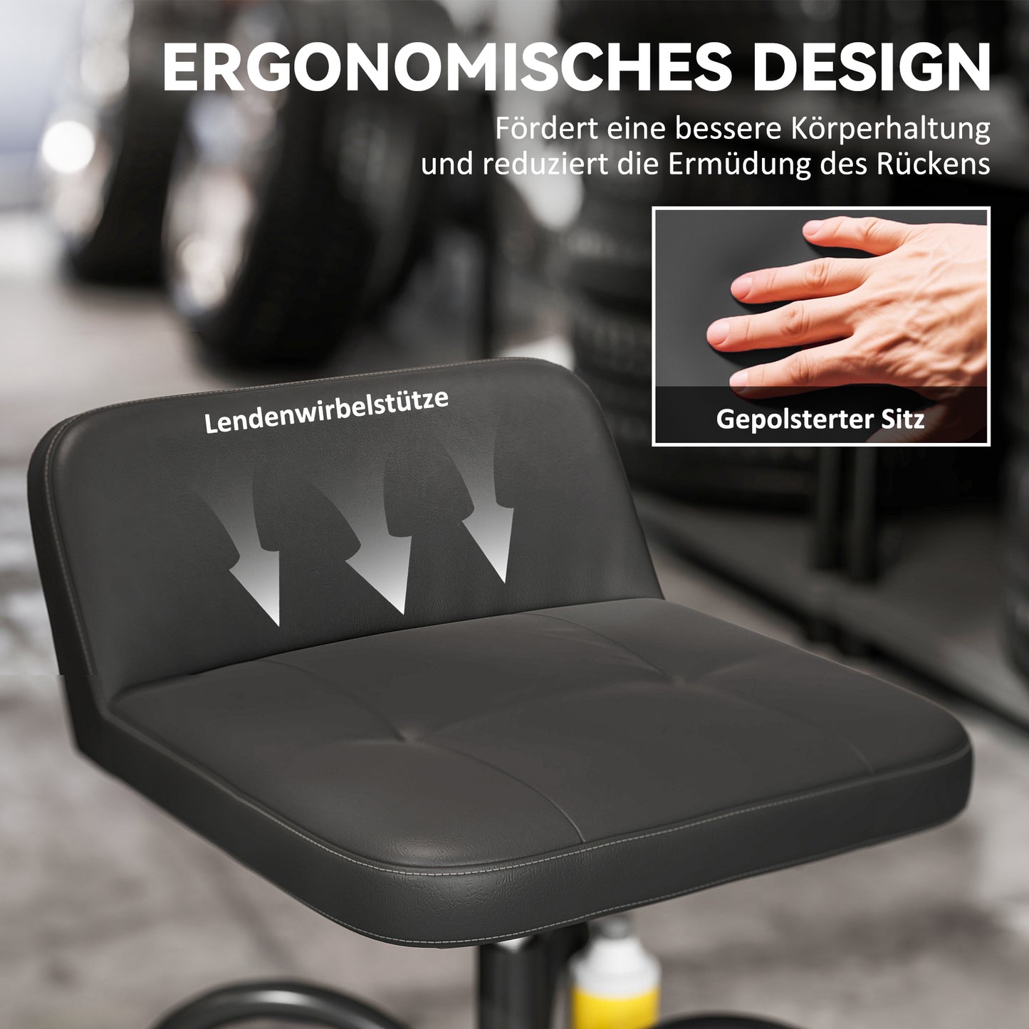 HOMCOM Werkstatthocker mit Rollen Ablagefläche, 58,5 cm hoch Rollhocker bis 135 kg belastbar Schwarz