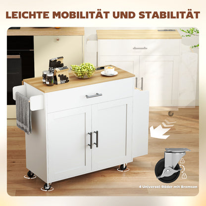 HOMCOM Kücheninsel, Küchenwagen auf Rollen, mit abklappbarer Arbeitsplatte, Schublade, Ablage, 120 x 68 x 85 cm, Weiß