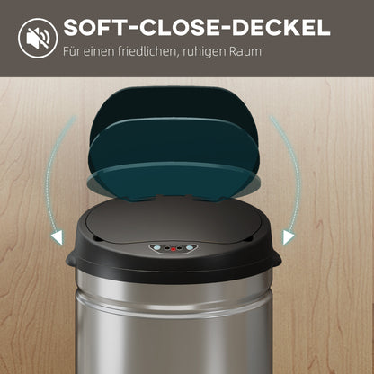 HOMCOM 30 Liter Sensor-Mülleimer mit Soft-Close-Funktion, berührungsfreier Abfalleimer aus Edelstahl für hygienische Küchen