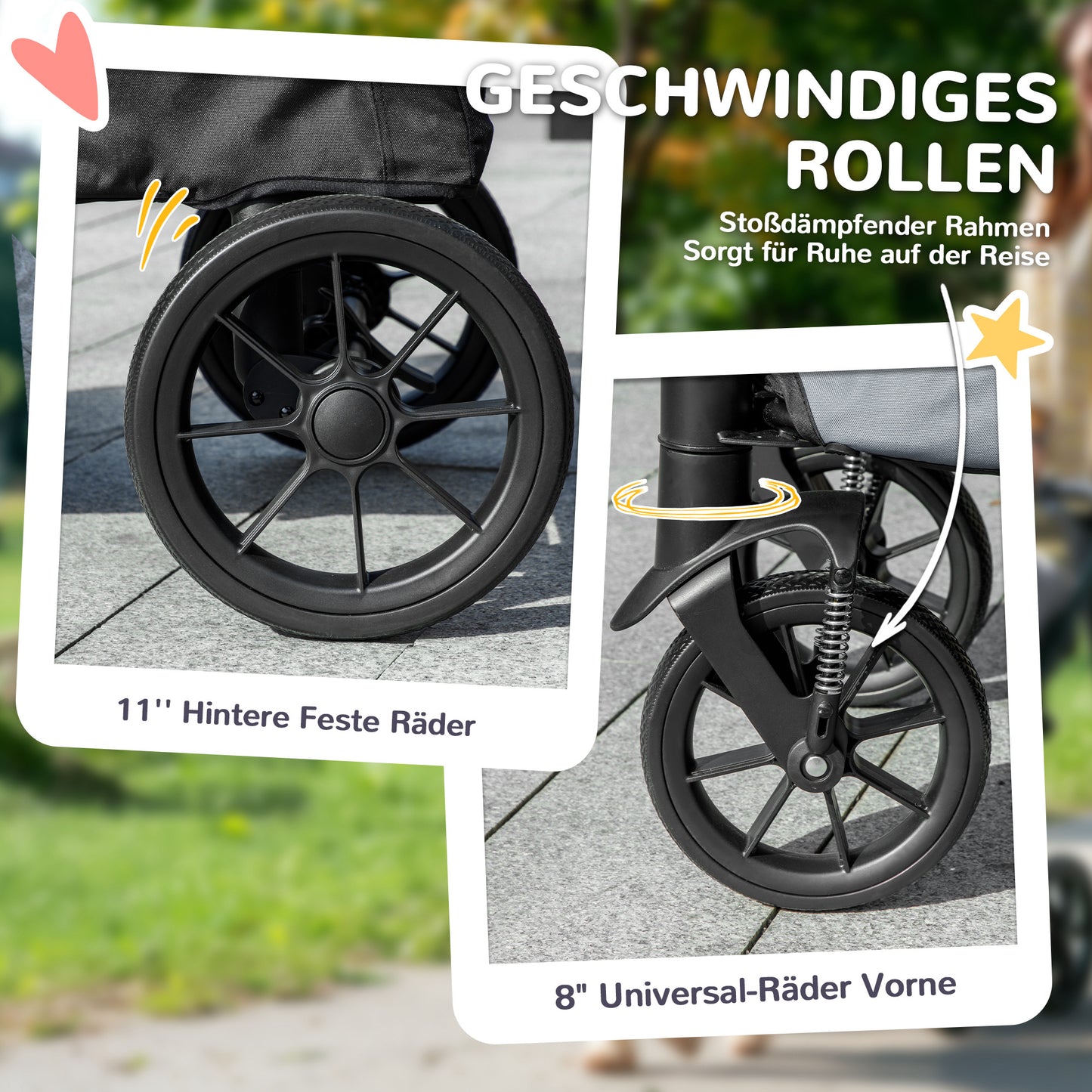 PawHut Hundewagen, Faltbarer Hundebuggy für große Hunde, Haustierwagen mit 4 Rädern, Sicherheitsleinen, Bremsen, Grau