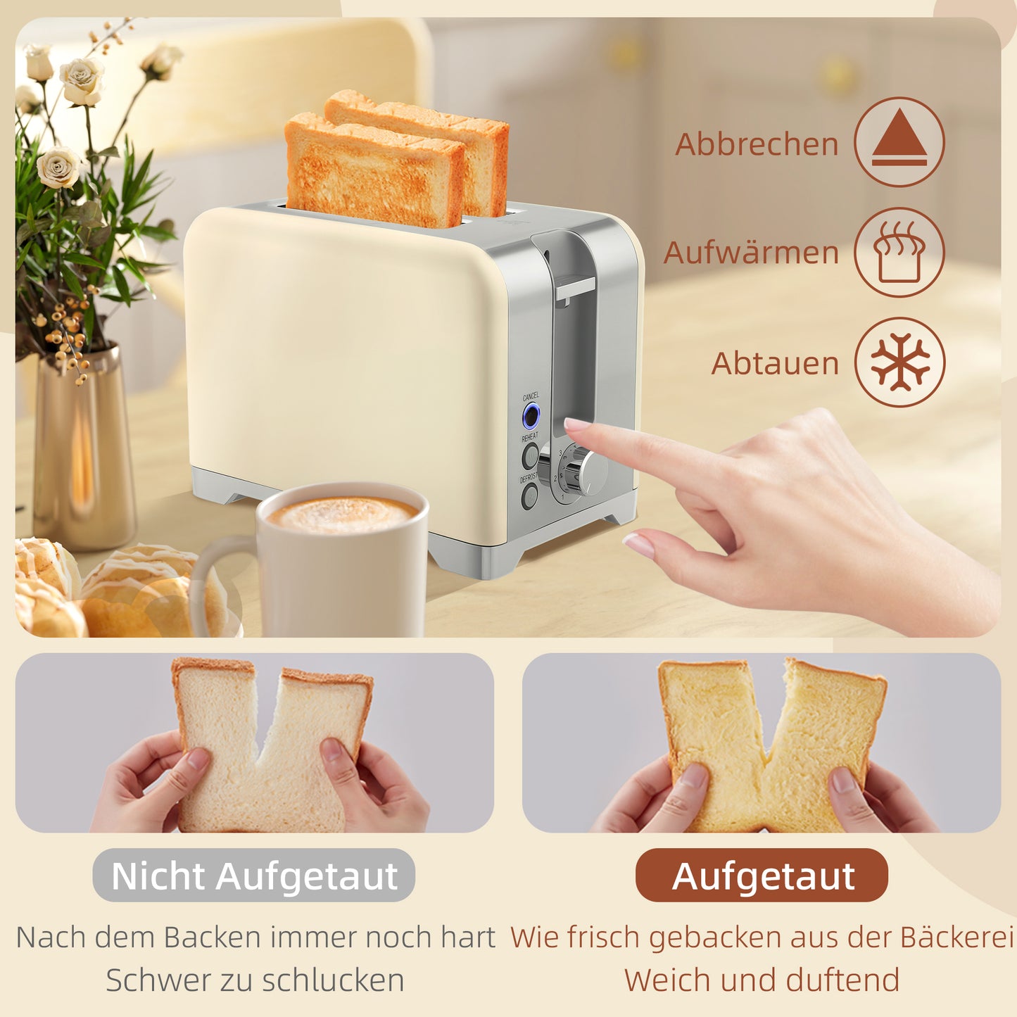 HOMCOM Wasserkocher- und Toaster-Set, 2200W, 7 Bräunungsstufen, versch. Funktionen, Creme