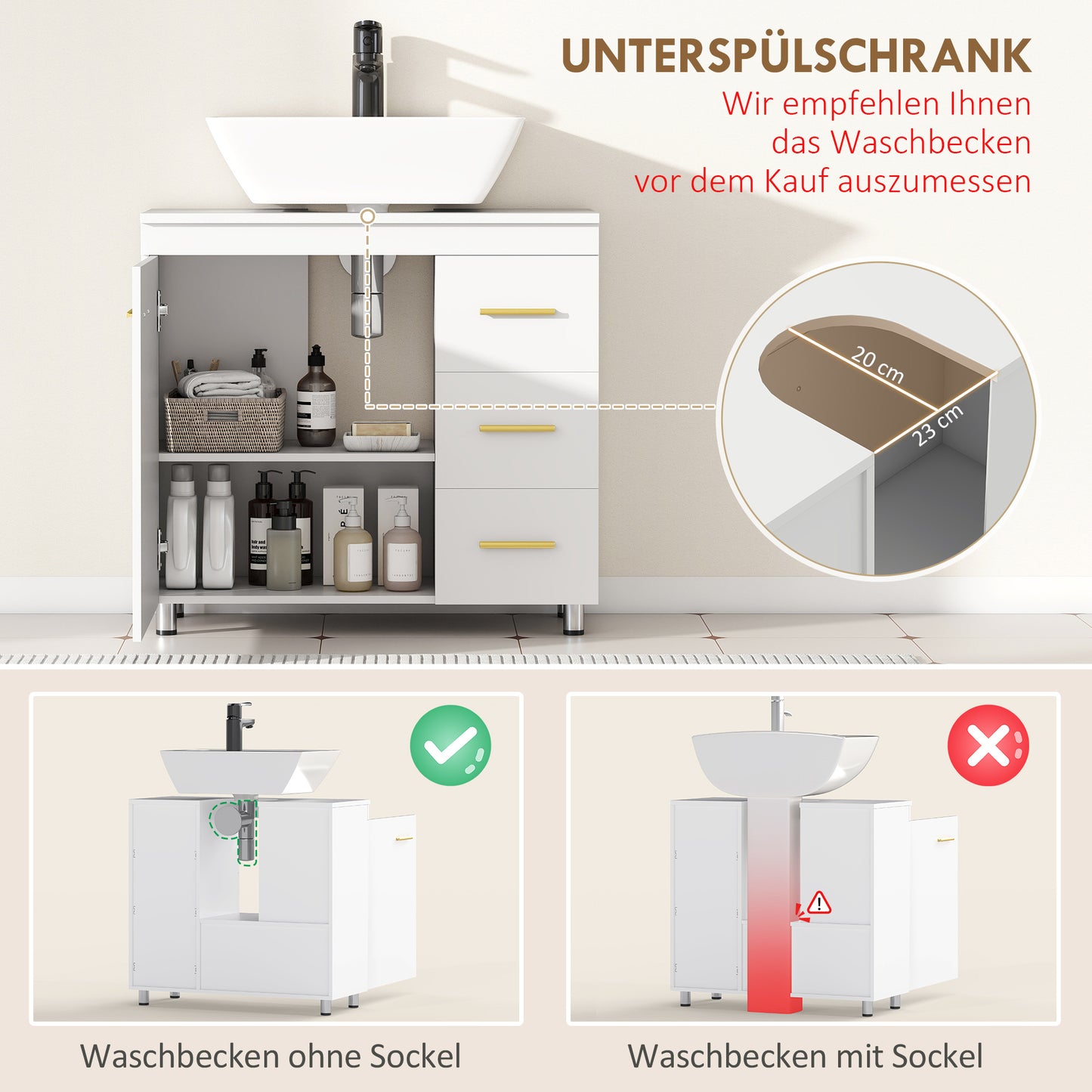 HOMCOM Badezimmer-Unterschrank, 3-stufiges Design, MDF, Spanplatte, Weiß