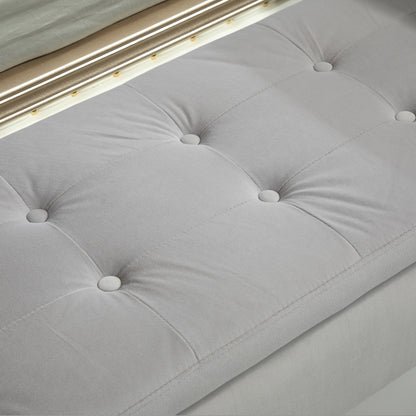 HOMCOM Sitzbank mit Stauraum und Armlehnen, Truhenbank, samtartiges Polyester, Kautschukholz, Hellgrau, 107 x 42 x 65 cm