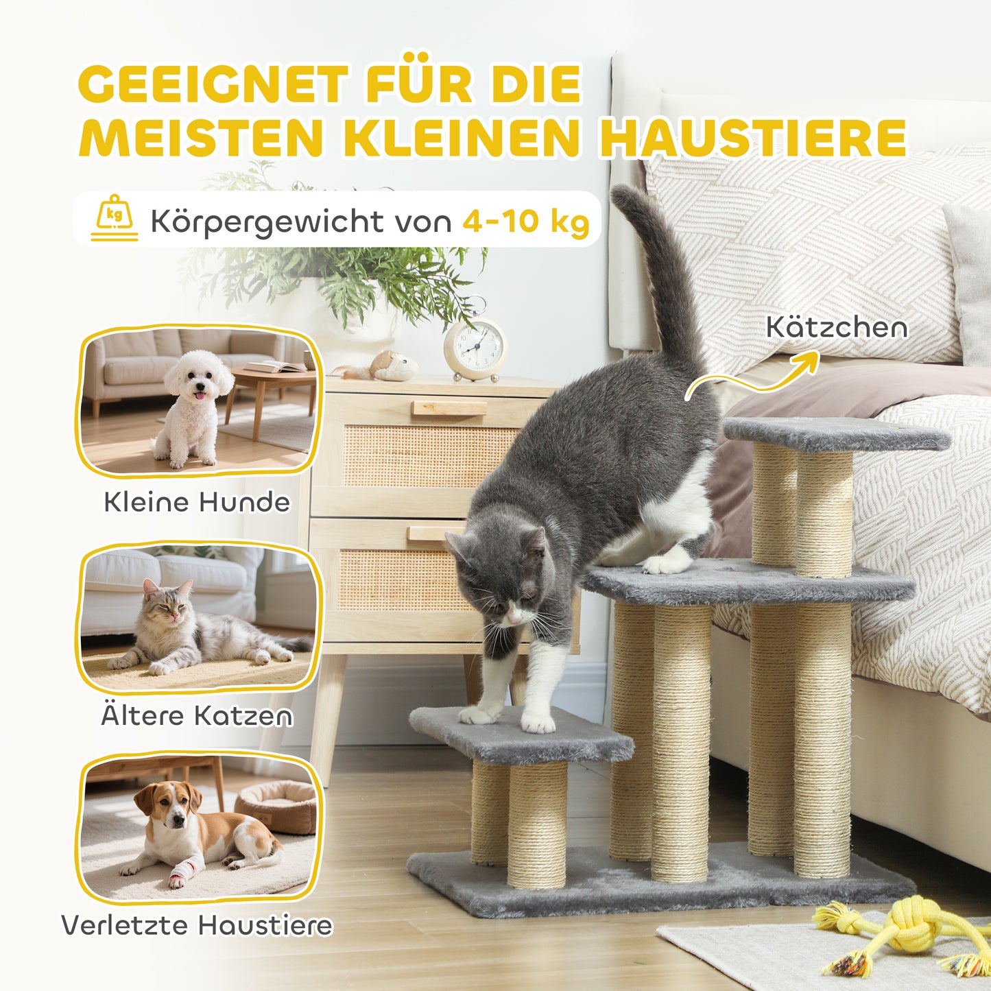 PawHut Hundetreppe 3 Stufen 54 cm Hoch Haustiertreppe für Kleine Hunde Katzentreppe mit Sisal Kratzbäumen, Spielball