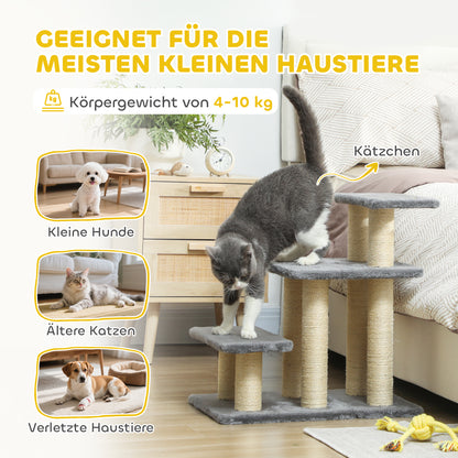 PawHut Hundetreppe 3 Stufen 54 cm Hoch Haustiertreppe für Kleine Hunde Katzentreppe mit Sisal Kratzbäumen, Spielball