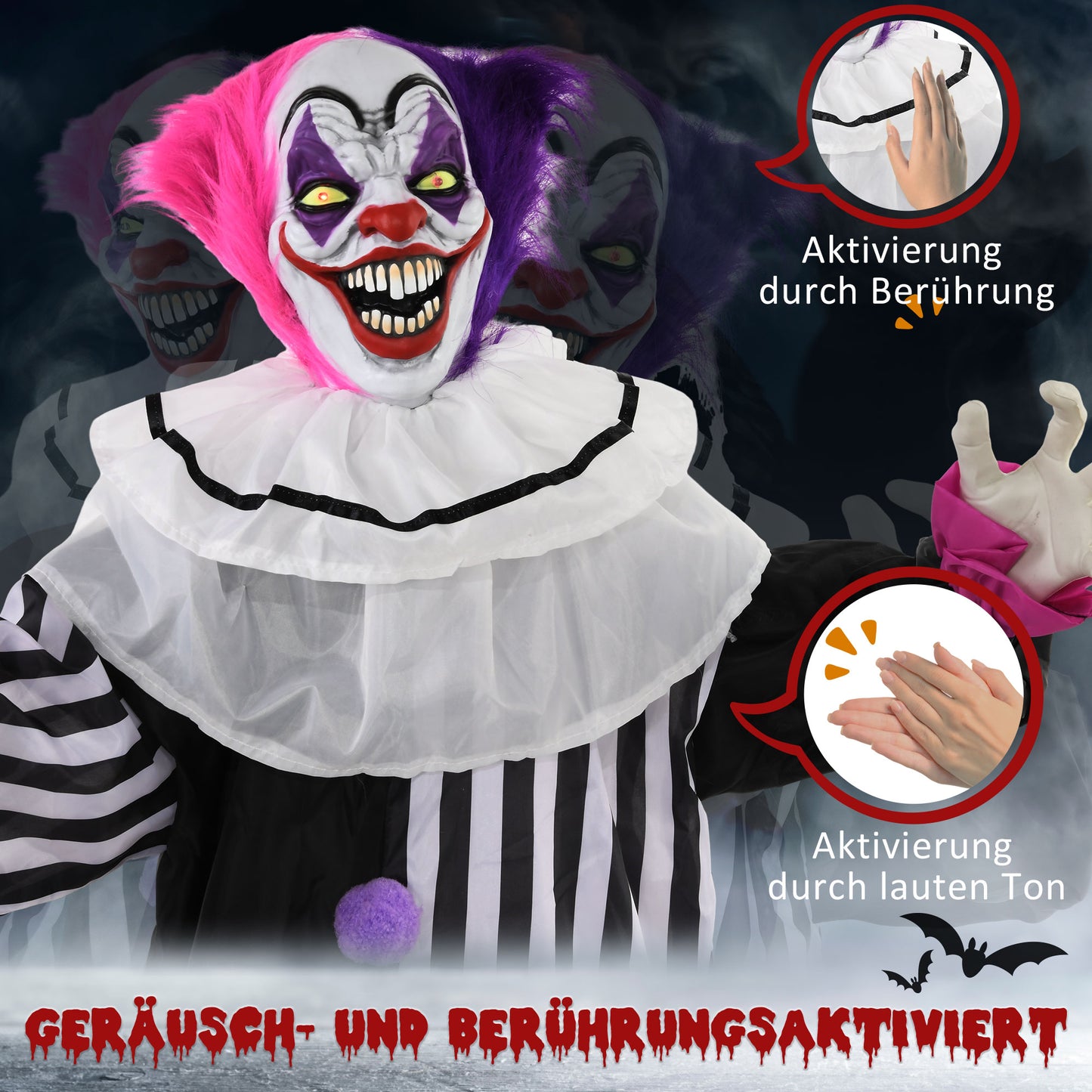 HOMCOM Grusel-Clown Halloween-Dekoration, beweglich, Lach-Funktion, Pink+Lila