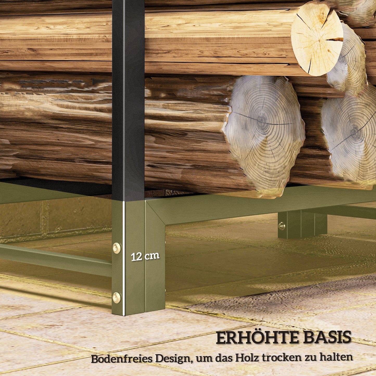 Outsunny Feuerholzgestell, zwei Abschnitte, rostfreier Stahlrahmen, bis 200 kg, 123 x 32 x 115 cm, Schwarz