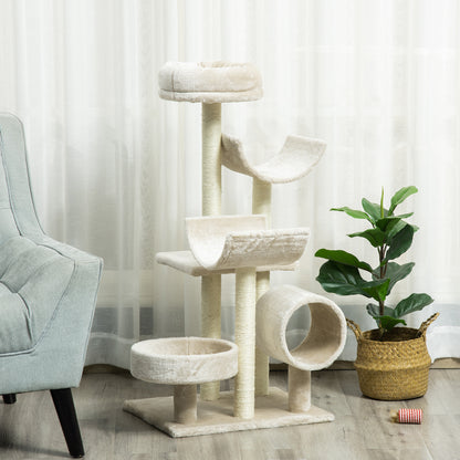 PawHut Katzenbaum Katzenkratzbaum Katzen Kletterbaum Kratzbaum Spielzeug Tunnel Beige L50 x B40 x H105 cm